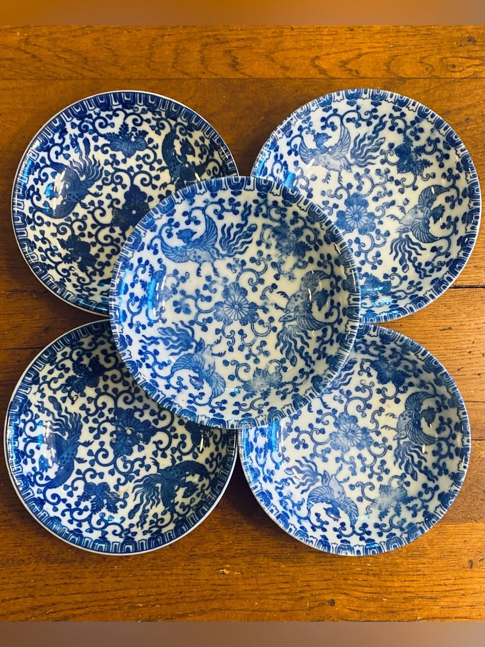 5 VTG Phoenix Bird Chrysanthemum Blue White Japanese Porcelain Berry Bowls